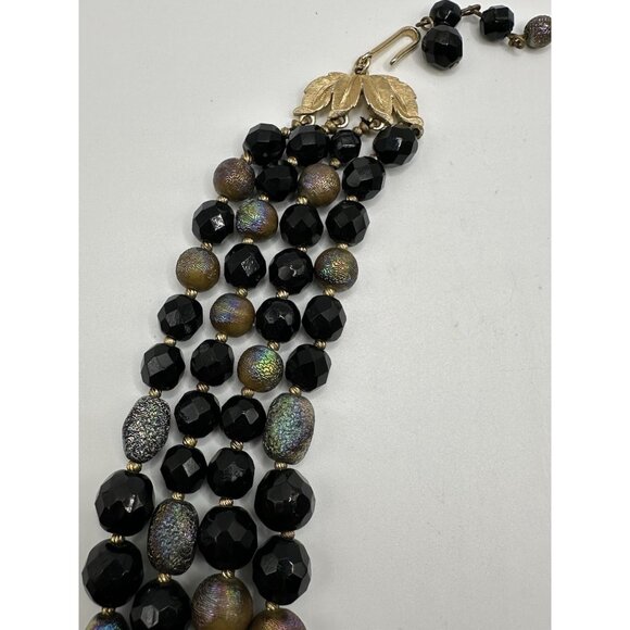 Stunning TRIFARI Black Iridescent Glass 4 Strand Beaded Necklace 15-17” - Picture 6 of 11